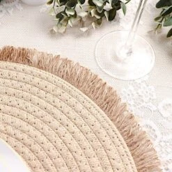 4 Round 15" Burlap Placemats With Fringed Edges - Natural -Optimal Home Decoration 4 round 15 round burlap placemats with fringed edges natural plmat cot02 nat 29863616380991
