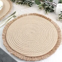 4 Round 15" Burlap Placemats With Fringed Edges - Natural -Optimal Home Decoration 4 round 15 round burlap placemats with fringed edges natural plmat cot02 nat 29863616479295