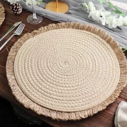 4 Round 15" Burlap Placemats With Fringed Edges - Natural -Optimal Home Decoration 4 round 15 round burlap placemats with fringed edges natural plmat cot02 nat 29863616610367