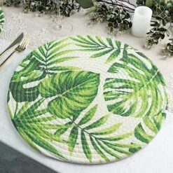 4 Round 15" Tropical Leaf Woven Cotton Placemats - Green -Optimal Home Decoration 4 round 15 tropical leaf woven cotton placemats green plmat cot01 leaf 29859567370303