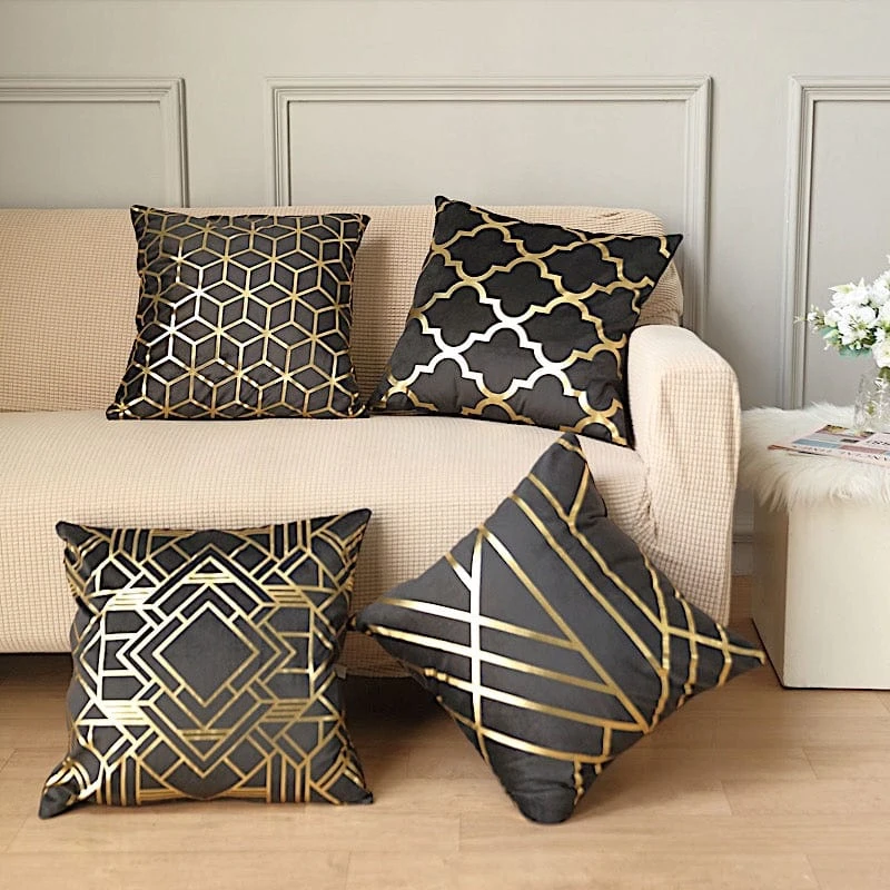 4 Square 18" X 18" Velvet Throw Pillow Covers With Gold Geometric Print 14 4 Square 18" X 18" Velvet Throw Pillow Covers With Gold Geometric Print - Image 12