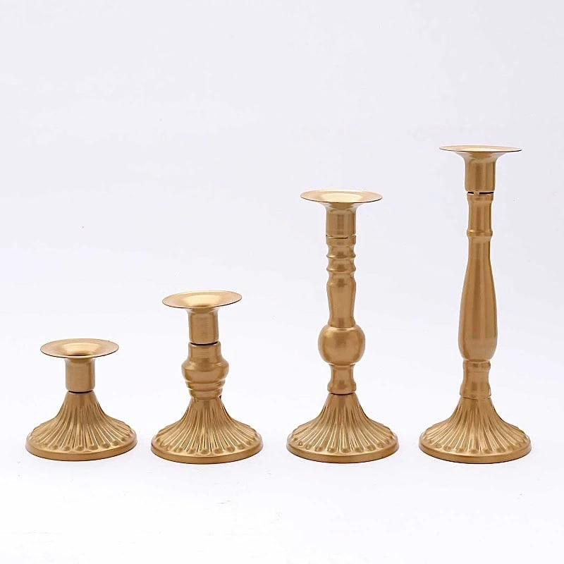 4 Taper Candle Holders Baroque Design Candlestick Stands - Gold 3 4 Taper Candle Holders Baroque Design Candlestick Stands - Gold