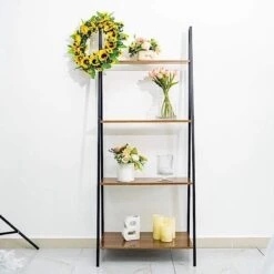 4 Tier Ladder Shelf Metal With Natural Wood Rack Display Stand - Black And Brown 17 4 Tier Ladder Shelf Metal With Natural Wood Rack Display Stand - Black And Brown -Optimal Home Decoration 4 tier ladder shelf metal with natural wood rack display stand black and brown furn wod rck004 dkbn 28945350754367