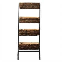 4 Tier Metal Stand With Natural Wood Planters Holders - Black And Brown -Optimal Home Decoration 4 tier metal stand with natural wood planters holders black and brown furn wod rck002 28243670007871