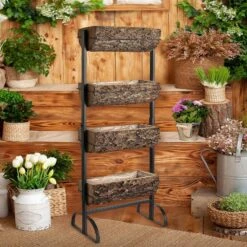 4 Tier Metal Stand With Natural Wood Planters Holders - Black And Brown -Optimal Home Decoration 4 tier metal stand with natural wood planters holders black and brown furn wod rck002 28243679412287
