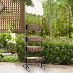 4 Tier Metal Stand With Natural Wood Planters Holders - Black And Brown -Optimal Home Decoration 4 tier metal stand with natural wood planters holders black and brown furn wod rck002 28243685998655