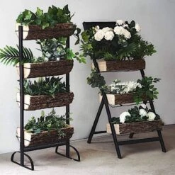 4 Tier Metal Stand With Natural Wood Planters Holders - Black And Brown -Optimal Home Decoration 4 tier metal stand with natural wood planters holders black and brown furn wod rck002 28561130913855