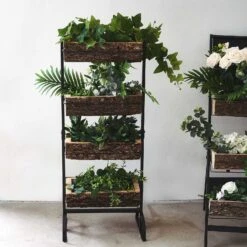 4 Tier Metal Stand With Natural Wood Planters Holders - Black And Brown -Optimal Home Decoration 4 tier metal stand with natural wood planters holders black and brown furn wod rck002 28569214386239