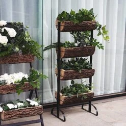 4 Tier Metal Stand With Natural Wood Planters Holders - Black And Brown -Optimal Home Decoration 4 tier metal stand with natural wood planters holders black and brown furn wod rck002 28569224871999