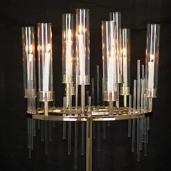 40" Round 9 Arm Metal Candelabra Taper Candle Holder With Glass Shades - Gold And Clear -Optimal Home Decoration 40 round 9 arm cluster taper candelabra candlestick holder with drip accents gold chdlr cand 035rnd 9 gold 30803519078463