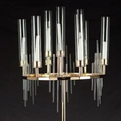 40" Round 9 Arm Metal Candelabra Taper Candle Holder With Glass Shades - Gold And Clear -Optimal Home Decoration 40 round 9 arm cluster taper candelabra candlestick holder with drip accents gold chdlr cand 035rnd 9 gold 30803519111231