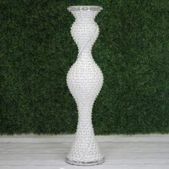 40" Tall Wedding Column Floor Vase With Pearls And Mirror Mosaic - Silver And White