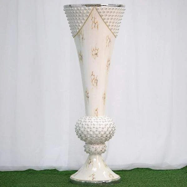 43" Tall Ceramic Trumpet Vase With Mirror Mosaic - White 5 43" Tall Ceramic Trumpet Vase With Mirror Mosaic - White - Image 3