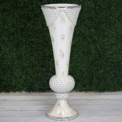 43" Tall Ceramic Trumpet Vase With Mirror Mosaic - White 12 43" Tall Ceramic Trumpet Vase With Mirror Mosaic - White -Optimal Home Decoration 43 tall ceramic trumpet vase with mirror mosaic white prop mab001 silv 28515181101119