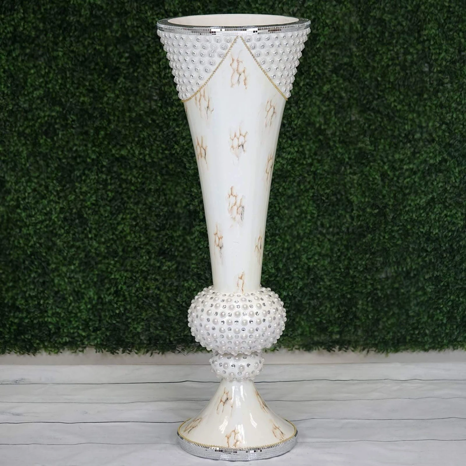 43" Tall Ceramic Trumpet Vase With Mirror Mosaic - White 7 43" Tall Ceramic Trumpet Vase With Mirror Mosaic - White - Image 5