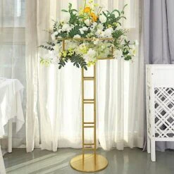 46" Tall Metal With Round Top Flower Stand Pedestal Centerpiece - Gold -Optimal Home Decoration 46 tall metal with round top flower stand pedestal centerpiece gold iron stnd11 46 gold 30439665762367