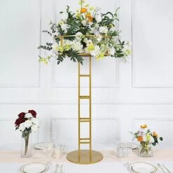 46" Tall Metal With Round Top Flower Stand Pedestal Centerpiece - Gold -Optimal Home Decoration 46 tall metal with round top flower stand pedestal centerpiece gold iron stnd11 46 gold 30439665926207