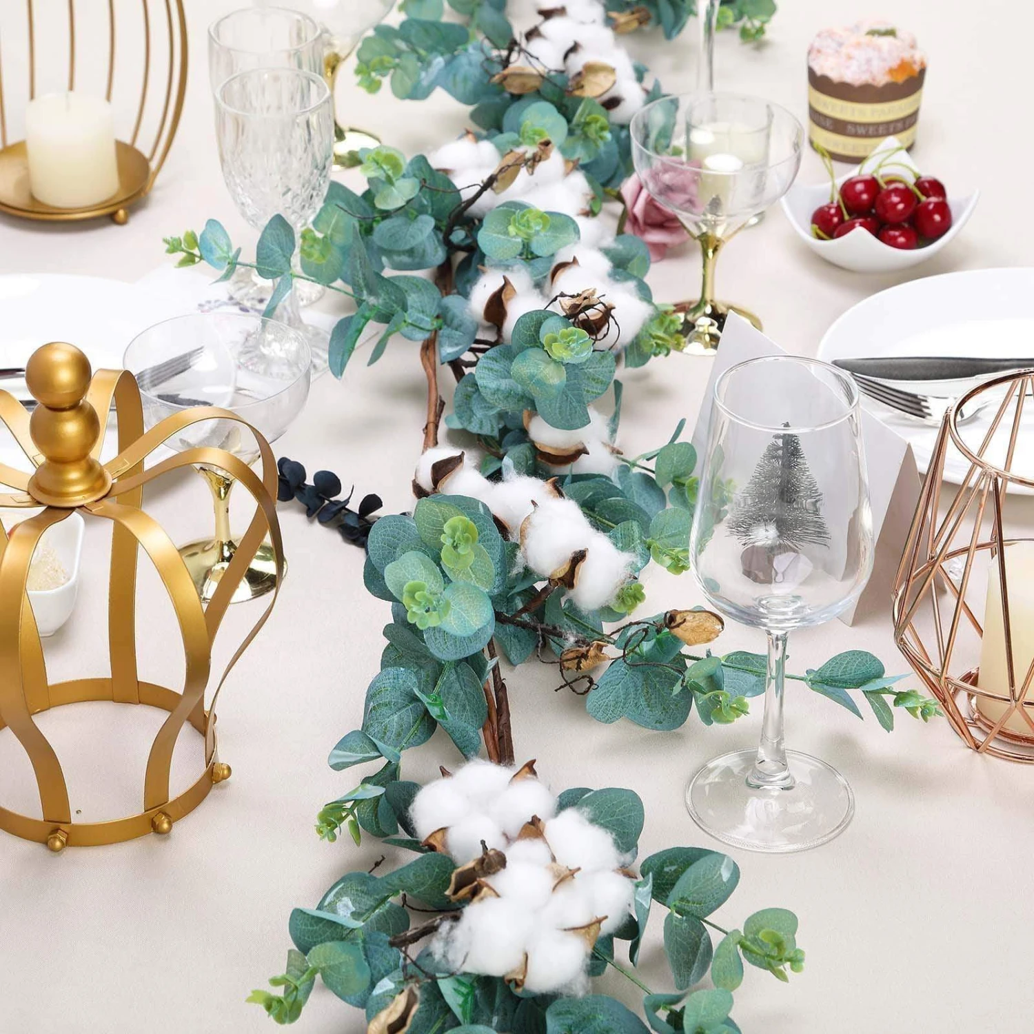 5 Ft Long Artificial Cotton Balls With Eucalyptus Foliage Garlands - Green And White 7 5 Ft Long Artificial Cotton Balls With Eucalyptus Foliage Garlands - Green And White - Image 5