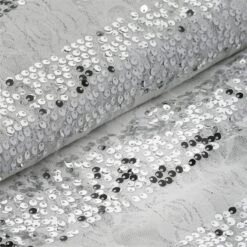 54" X 4 Yards Sequined Stripes Lace Fabric Bolt - Silver And White