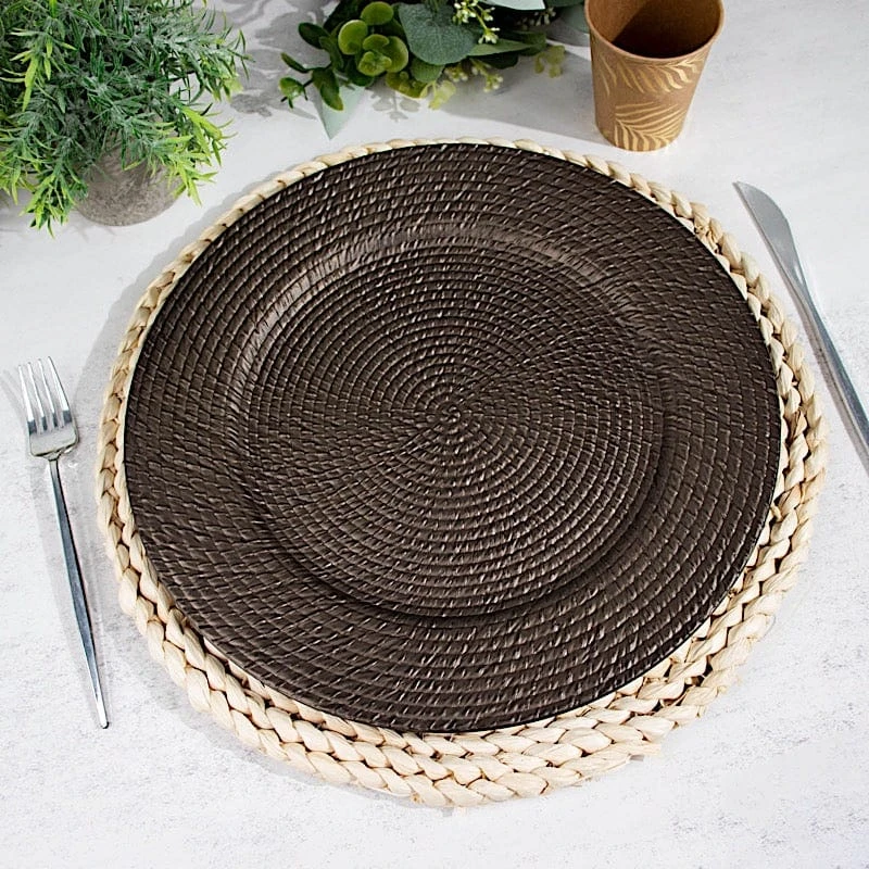 6 Plastic 13" Rattan-Like Round Charger Plates - Brown 5 6 Plastic 13" Rattan-Like Round Charger Plates - Brown - Image 3