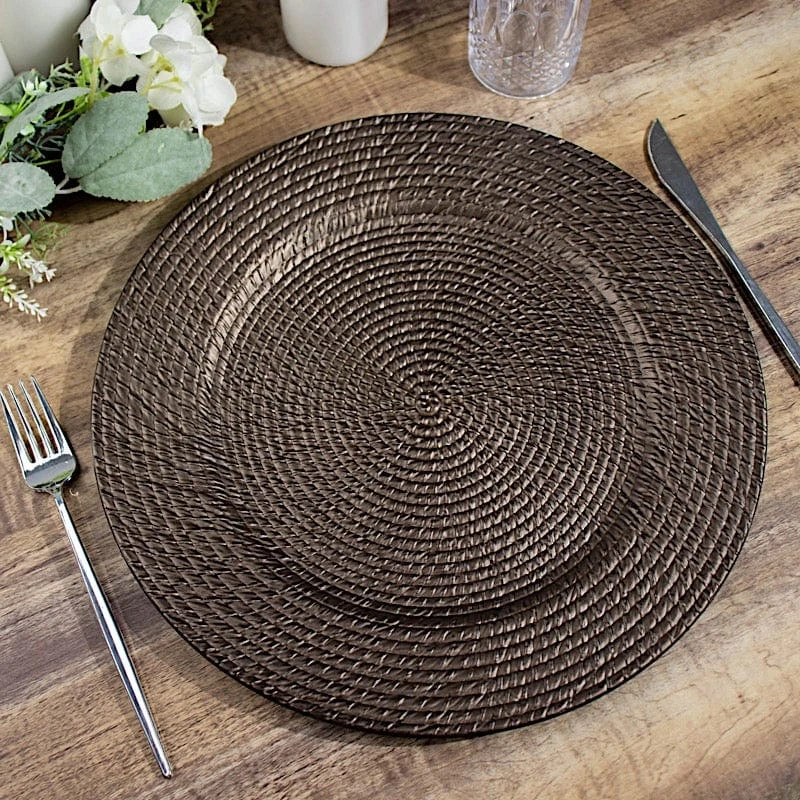 6 Plastic 13" Rattan-Like Round Charger Plates - Brown 6 6 Plastic 13" Rattan-Like Round Charger Plates - Brown - Image 4