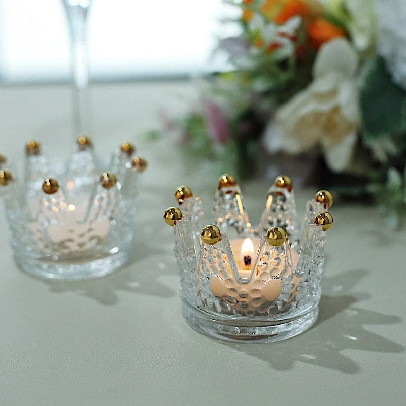 6 Crown 3" X 2" Crystal Glass Tealight Candle Holders With Beaded Tips - Clear And Gold 5 6 Crown 3" X 2" Crystal Glass Tealight Candle Holders With Beaded Tips - Clear And Gold - Image 3