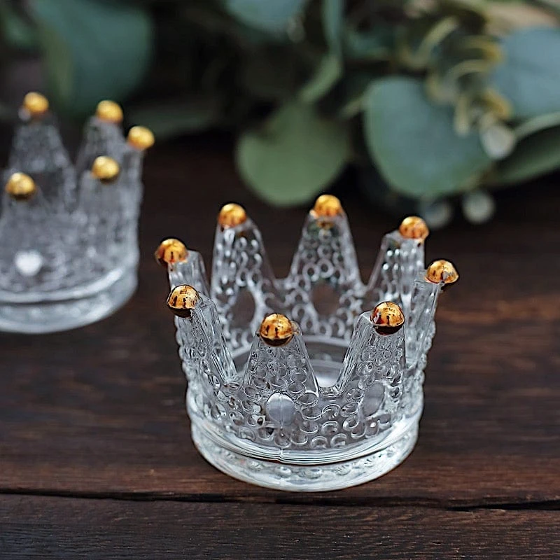 6 Crown 3" X 2" Crystal Glass Tealight Candle Holders With Beaded Tips - Clear And Gold 9 6 Crown 3" X 2" Crystal Glass Tealight Candle Holders With Beaded Tips - Clear And Gold - Image 7