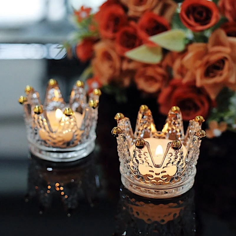 6 Crown 3" X 2" Crystal Glass Tealight Candle Holders With Beaded Tips - Clear And Gold 6 6 Crown 3" X 2" Crystal Glass Tealight Candle Holders With Beaded Tips - Clear And Gold - Image 4