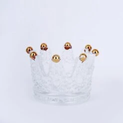 6 Crown 3" X 2" Crystal Glass Tealight Candle Holders With Beaded Tips - Clear And Gold