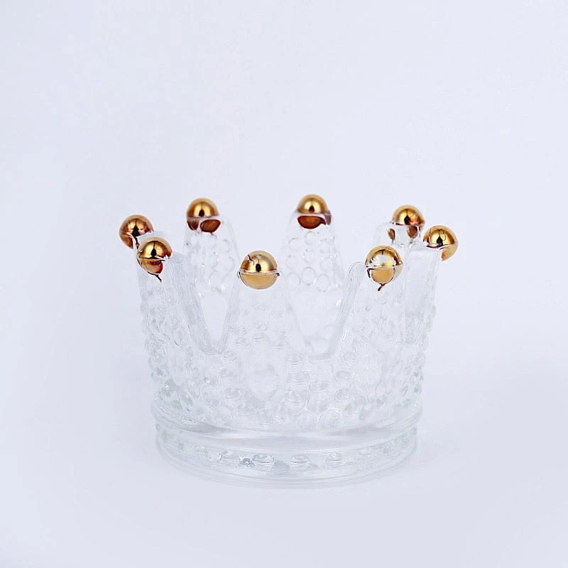 6 Crown 3" X 2" Crystal Glass Tealight Candle Holders With Beaded Tips - Clear And Gold 3 6 Crown 3" X 2" Crystal Glass Tealight Candle Holders With Beaded Tips - Clear And Gold