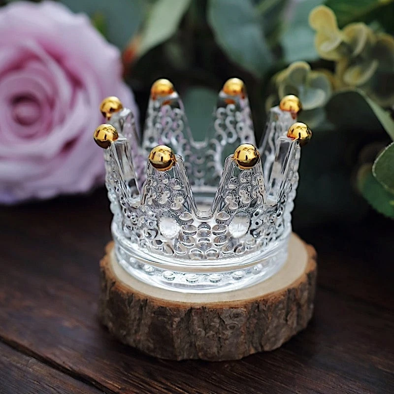 6 Crown 3" X 2" Crystal Glass Tealight Candle Holders With Beaded Tips - Clear And Gold 12 6 Crown 3" X 2" Crystal Glass Tealight Candle Holders With Beaded Tips - Clear And Gold - Image 10