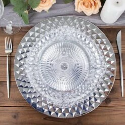 6 Metallic 13" Round Plastic Charger Plates With Diamond Pattern -Optimal Home Decoration 6 metallic 13 sparkling diamond disposable dinner serving plates 30797483507775