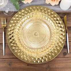 6 Metallic 13" Round Plastic Charger Plates With Diamond Pattern -Optimal Home Decoration 6 metallic 13 sparkling diamond disposable dinner serving plates 30797483573311