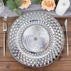 6 Metallic 13" Round Plastic Charger Plates With Diamond Pattern -Optimal Home Decoration 6 metallic 13 sparkling diamond disposable dinner serving plates 30797483835455