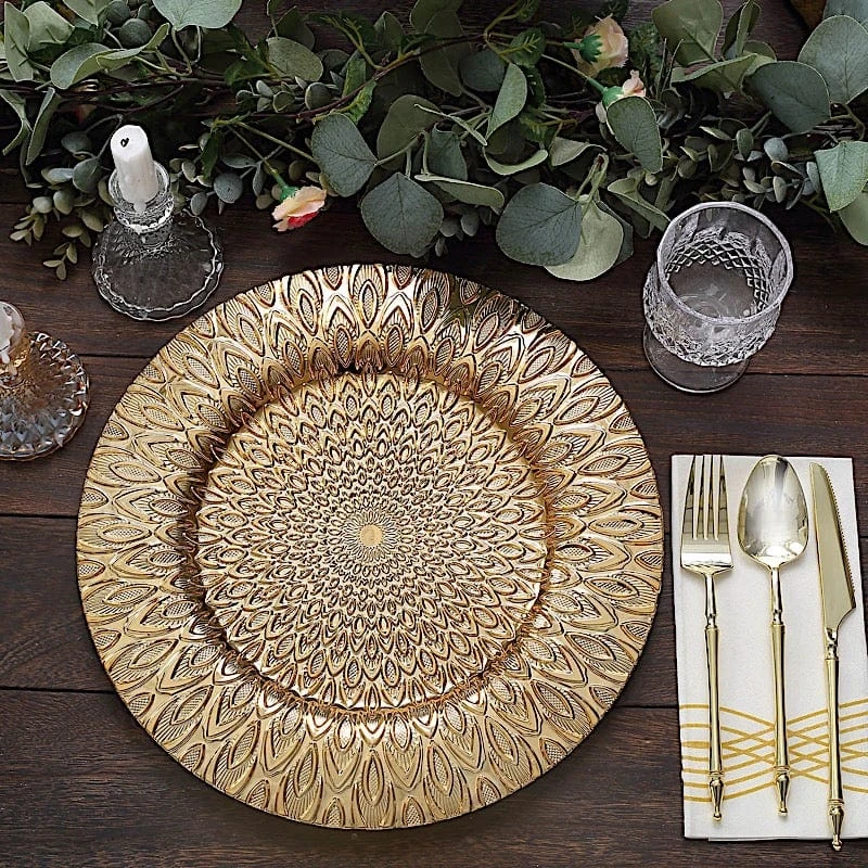 6 Plastic 13" Round Charger Plates With Embossed Peacock Pattern 5 6 Plastic 13" Round Charger Plates With Embossed Peacock Pattern - Image 3
