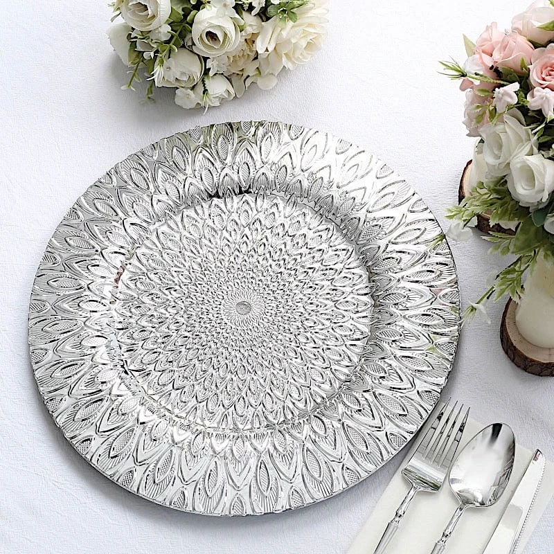 6 Plastic 13" Round Charger Plates With Embossed Peacock Pattern 15 6 Plastic 13" Round Charger Plates With Embossed Peacock Pattern - Image 13