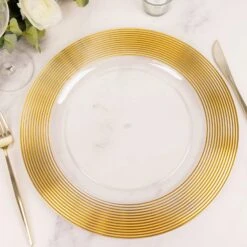 6 Round 13" Plastic Charger Plates With Lined Rim - Clear And Gold -Optimal Home Decoration 6 round 13 lined rim plastic wedding charger plates clear and gold chrg plst0030 clgd 30930769477695