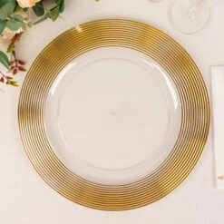 6 Round 13" Plastic Charger Plates With Lined Rim - Clear And Gold -Optimal Home Decoration 6 round 13 lined rim plastic wedding charger plates clear and gold chrg plst0030 clgd 30930769510463