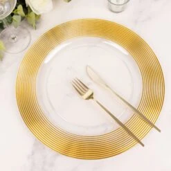 6 Round 13" Plastic Charger Plates With Lined Rim - Clear And Gold -Optimal Home Decoration 6 round 13 lined rim plastic wedding charger plates clear and gold chrg plst0030 clgd 30930769575999