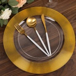 6 Round 13" Plastic Charger Plates With Lined Rim - Clear And Gold -Optimal Home Decoration 6 round 13 lined rim plastic wedding charger plates clear and gold chrg plst0030 clgd 30930769772607