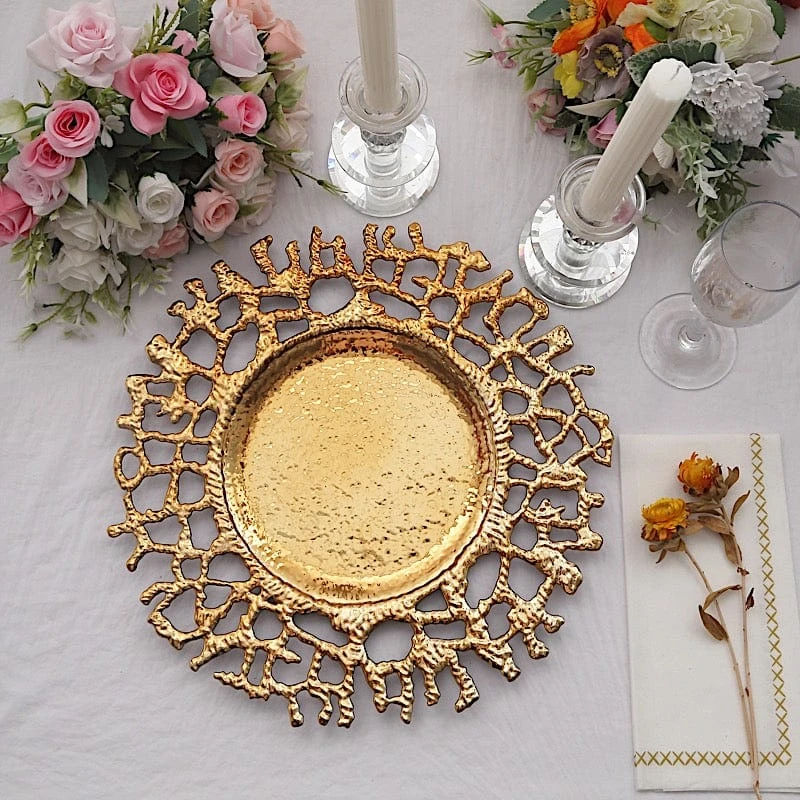 6 Round 13" Lace Pattern Decorative Plastic Charger Plates - Gold 5 6 Round 13" Lace Pattern Decorative Plastic Charger Plates - Gold - Image 3