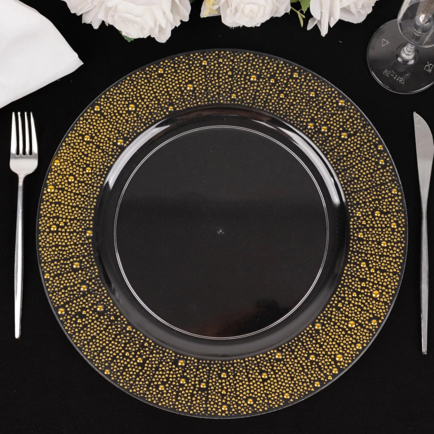 6 Round 13" Plastic Charger Plates With Pearl Beaded Rim - Clear And Gold 5 6 Round 13" Plastic Charger Plates With Pearl Beaded Rim - Clear And Gold - Image 3