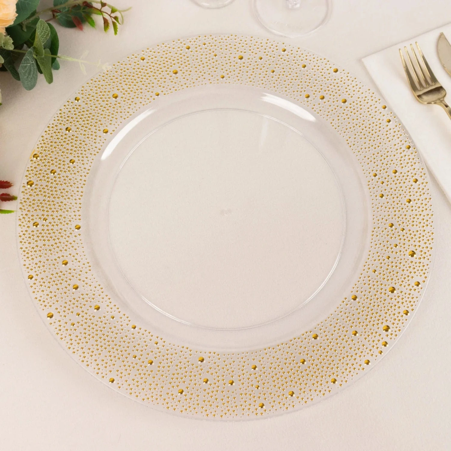 6 Round 13" Plastic Charger Plates With Pearl Beaded Rim - Clear And Gold 10 6 Round 13" Plastic Charger Plates With Pearl Beaded Rim - Clear And Gold - Image 8