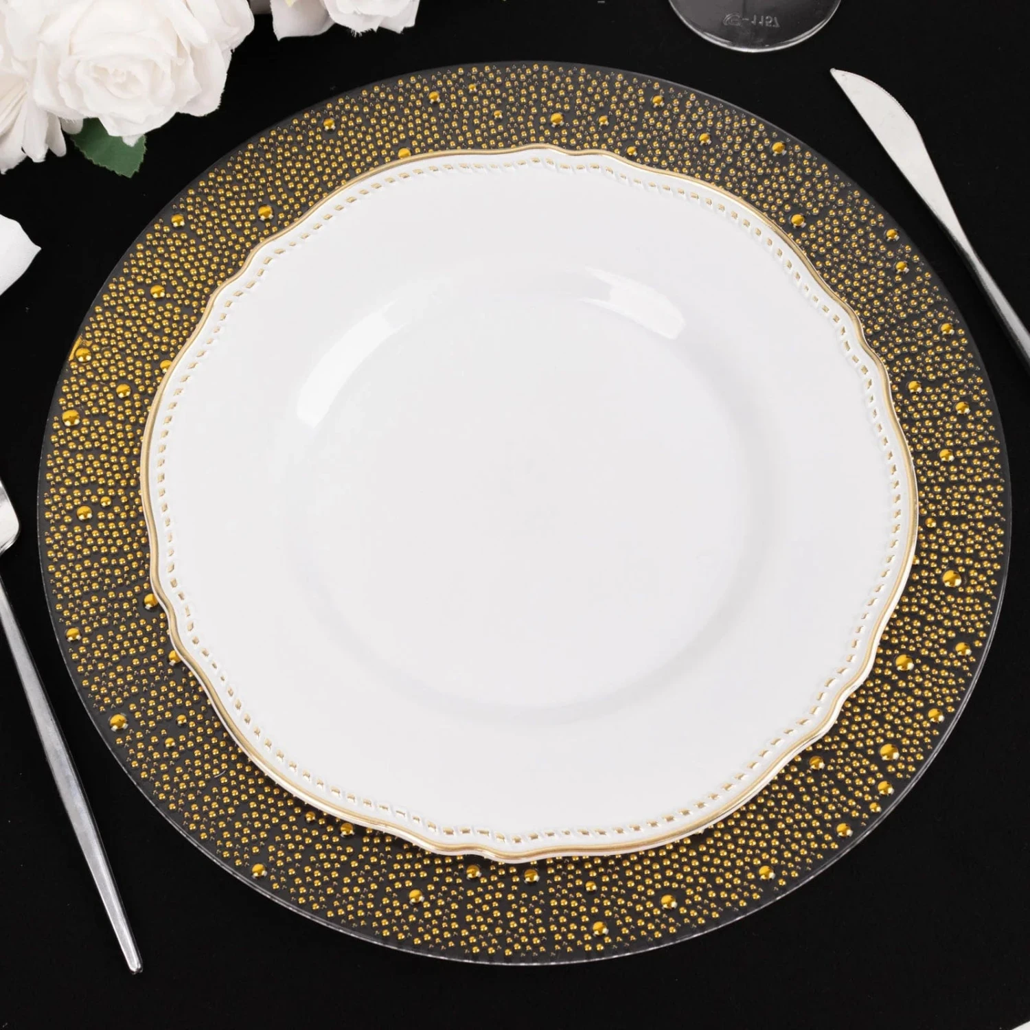 6 Round 13" Plastic Charger Plates With Pearl Beaded Rim - Clear And Gold 11 6 Round 13" Plastic Charger Plates With Pearl Beaded Rim - Clear And Gold - Image 9