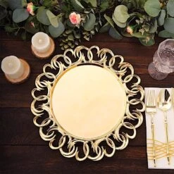 6 Round 13" Metallic Plastic Charger Plates With Entwined Swirl Rim - Gold 20 6 Round 13" Metallic Plastic Charger Plates With Entwined Swirl Rim - Gold -Optimal Home Decoration 6 round 13 plastic charger plates with entwined swirl rim gold chrg plst0043 gold 31044747132991