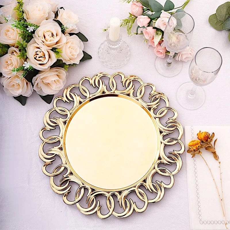 6 Round 13" Metallic Plastic Charger Plates With Entwined Swirl Rim - Gold 5 6 Round 13" Metallic Plastic Charger Plates With Entwined Swirl Rim - Gold - Image 3