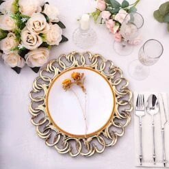 6 Round 13" Metallic Plastic Charger Plates With Entwined Swirl Rim - Gold 16 6 Round 13" Metallic Plastic Charger Plates With Entwined Swirl Rim - Gold -Optimal Home Decoration 6 round 13 plastic charger plates with entwined swirl rim gold chrg plst0043 gold 31044747264063