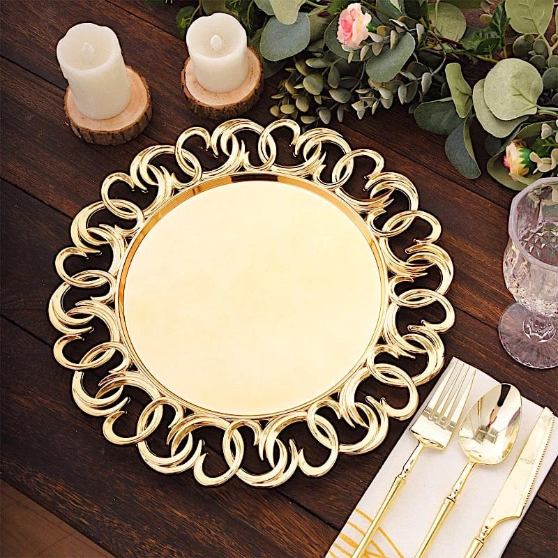 6 Round 13" Metallic Plastic Charger Plates With Entwined Swirl Rim - Gold 6 6 Round 13" Metallic Plastic Charger Plates With Entwined Swirl Rim - Gold - Image 4