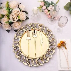 6 Round 13" Metallic Plastic Charger Plates With Entwined Swirl Rim - Gold 18 6 Round 13" Metallic Plastic Charger Plates With Entwined Swirl Rim - Gold -Optimal Home Decoration 6 round 13 plastic charger plates with entwined swirl rim gold chrg plst0043 gold 31044747329599