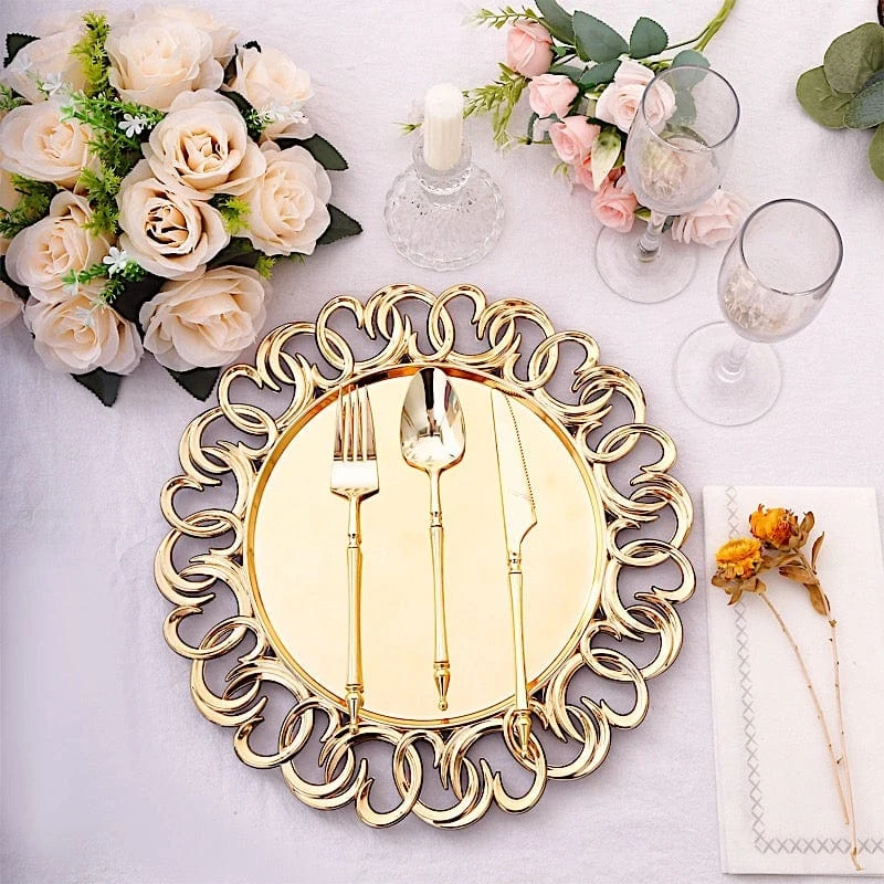 6 Round 13" Metallic Plastic Charger Plates With Entwined Swirl Rim - Gold 9 6 Round 13" Metallic Plastic Charger Plates With Entwined Swirl Rim - Gold - Image 7
